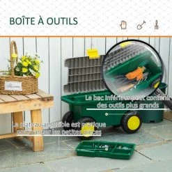 Outsunny Tabouret De Jardin Caisse à Outils 2 En 1 - Coffre Et Plaque Compartimentée De Rangement Verrouillable - 4 Roulettes, 2 Poignées - PP Gris Jaune Vert -Outsunny Soldes Magasin 52476613 5