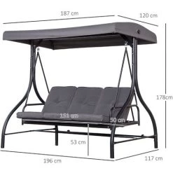 Outsunny Balancelle De Jardin 3 Places Convertible Inclinaison Toit Réglable Matelas Grand Confort Rembourrage 8 Cm Fourni Gris Métal époxy Noir 9 Outsunny Balancelle De Jardin 3 Places Convertible Inclinaison Toit Réglable Matelas Grand Confort Rembourrage 8 Cm Fourni Gris Métal époxy Noir -Outsunny Soldes Magasin 52476631 3