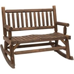 Outsunny Banc à Bascule De Jardin 2 Places Style Rural Chic Structure Dossier Accoudoirs Aspect Rondins De Bois Assise à Lattes Sapin Traité Carbonisation