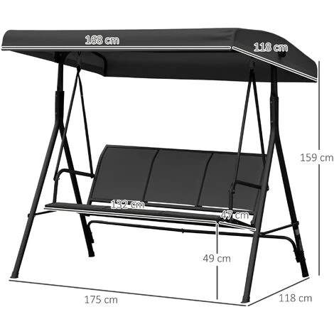 Outsunny Balancelle De Jardin 3 Places Grand Confort Toit Inclinaison Réglable Assise Et Dossier Ergonomique Acier époxy Textilène Noir 5 Outsunny Balancelle De Jardin 3 Places Grand Confort Toit Inclinaison Réglable Assise Et Dossier Ergonomique Acier époxy Textilène Noir – Image 3