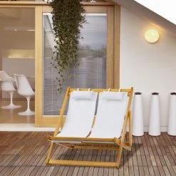 Outsunny Chilienne 2 Places Grand Confort Pliable - Chaise Longue Dossier Inclinable Multi-positions - 2 Tétières Incluses - Bois Peuplier Pré-huilé Oxford Blanc - Blanc -Outsunny Soldes Magasin 52476668 2