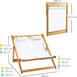 Outsunny Chilienne 2 Places Grand Confort Pliable - Chaise Longue Dossier Inclinable Multi-positions - 2 Tétières Incluses - Bois Peuplier Pré-huilé Oxford Blanc - Blanc -Outsunny Soldes Magasin 52476668 3