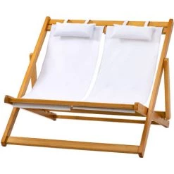 Outsunny Chilienne 2 Places Grand Confort Pliable - Chaise Longue Dossier Inclinable Multi-positions - 2 Tétières Incluses - Bois Peuplier Pré-huilé Oxford Blanc - Blanc -Outsunny Soldes Magasin 52476668 5