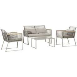 Outsunny Ensemble Salon De Jardin Design Contemporain Style Yachting 4 Places Accoudoirs Bois Coussins Inclus Table Basse Métal époxy Résine Tressée Gris