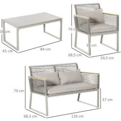 Outsunny Ensemble Salon De Jardin Design Contemporain Style Yachting 4 Places Accoudoirs Bois Coussins Inclus Table Basse Métal époxy Résine Tressée Gris -Outsunny Soldes Magasin 52476682 3