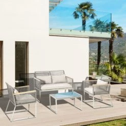 Outsunny Ensemble Salon De Jardin Design Contemporain Style Yachting 4 Places Accoudoirs Bois Coussins Inclus Table Basse Métal époxy Résine Tressée Gris -Outsunny Soldes Magasin 52476682 4