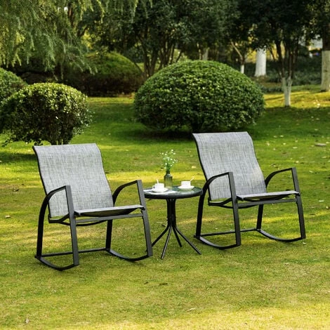 Outsunny Ensemble De Jardin 3 Pièces 2 Fauteuils à Bascule Table Basse Plateau Verre Trempé Acier époxy Textilène Gris 4 Outsunny Ensemble De Jardin 3 Pièces 2 Fauteuils à Bascule Table Basse Plateau Verre Trempé Acier époxy Textilène Gris – Image 2