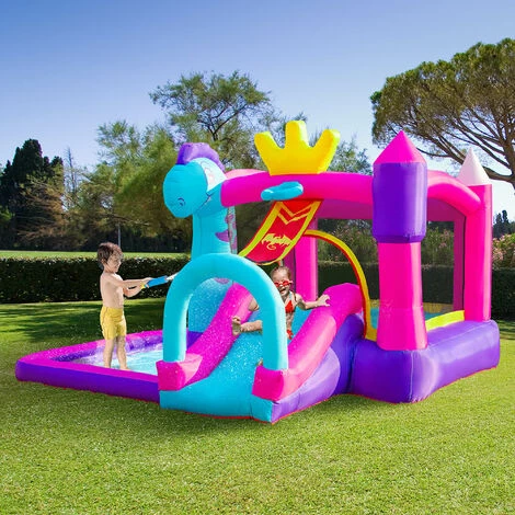 Outsunny Château Gonflable Enfant - Toboggan, Trampoline, Piscine, Panier - Gonfleur, Sac De Transport Inclus - Dim. 3L X 2,7l X 2H M - Oxford Multicolore - Rose 6 Outsunny Château Gonflable Enfant - Toboggan, Trampoline, Piscine, Panier - Gonfleur, Sac De Transport Inclus - Dim. 3L X 2,7l X 2H M - Oxford Multicolore - Rose – Image 4