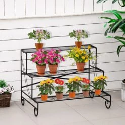 Outsunny Support Pour Plantes Présentoir Avec étagères En Métal 3 Niveaux Forme Escalier Intérieur/extérieur Dim. 95L X 63l X 72H Cm Noir -Outsunny Soldes Magasin 53451119 4