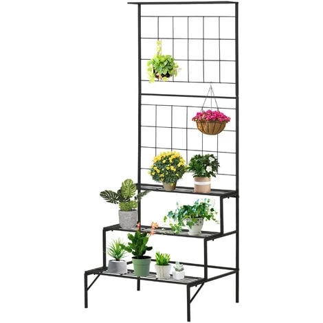 Outsunny Support Pour Plantes Avec Treillis Et 3 étagères Escalier Intérieur Extérieur En Métal Dim. 60L X 53,5l X 159,5H Cm Noir 3 Outsunny Support Pour Plantes Avec Treillis Et 3 étagères Escalier Intérieur Extérieur En Métal Dim. 60L X 53,5l X 159,5H Cm Noir