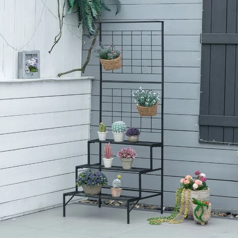 Outsunny Support Pour Plantes Avec Treillis Et 3 étagères Escalier Intérieur Extérieur En Métal Dim. 60L X 53,5l X 159,5H Cm Noir 4 Outsunny Support Pour Plantes Avec Treillis Et 3 étagères Escalier Intérieur Extérieur En Métal Dim. 60L X 53,5l X 159,5H Cm Noir – Image 2