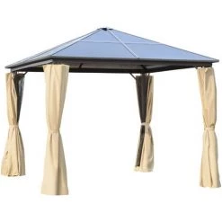 Outsunny Pavillon De Jardin Tonnelle Toit Rigide Polycarbonate Dim. 2,94L X 2,94l X 2,67H M 4 Parois Latérales Anti-UV Moustiquaires Structure Aluminium Beige