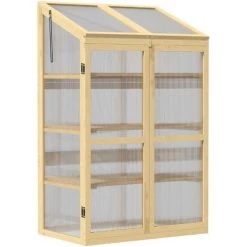 Outsunny Mini Serre De Jardin En Polycarbonate Cadre En Bois 3 étagères Dim. 80L X 50l X 130H Cm Double Porte Toit Ouvrant Bois De Sapin Autoclave - Beige
