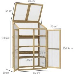 Outsunny Mini Serre De Jardin En Polycarbonate Cadre En Bois 3 étagères Dim. 80L X 50l X 130H Cm Double Porte Toit Ouvrant Bois De Sapin Autoclave - Beige -Outsunny Soldes Magasin 53569992 3