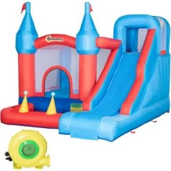 Outsunny Château Gonflable Enfant - Toboggan, Trampoline, Piscine, Mur D'escalade - Gonfleur, Sac De Transport Inclus - Dim. 3,33L X 2,8l X 2,1H M - Polyester Rouge Bleu