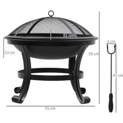 Outsunny Brasero Boule De Feu Cheminée Foyer Extérieur Ø 55 X 50H Cm Grille à Charbon Couvercle Tisonnier Acier Noir - Noir -Outsunny Soldes Magasin 53591950 3