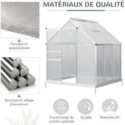 Outsunny Serre De Jardin Aluminium Polycarbonate 3,61 M² Dim. 1,9L X 1,9l X 2H M Lucarne Réglable Fondation Porte Coulissante - Transparent -Outsunny Soldes Magasin 53591958 5