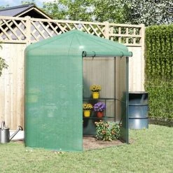 Outsunny Serre De Jardin Hexagonale Avec 6 étagères - Dim. 2,25L X 1,94l X 2,15H M Porte Enroulable Zippée Acier Thermolaqué PE Haute Densité Vert - Vert -Outsunny Soldes Magasin 53591963 4