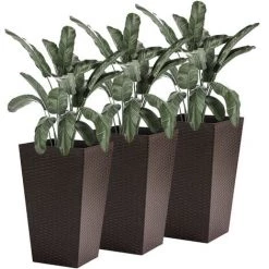 Outsunny Lot De 3 Pots De Fleurs Hauteur 61 Cm, Extérieur Et Intérieur - PP Aspect Rotin Chocolat -Outsunny Soldes Magasin 53591965 4