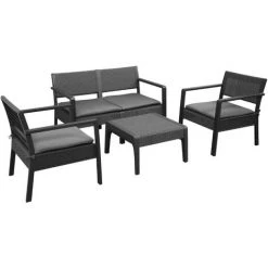 Outsunny Ensemble Salon De Jardin 4 Places 4 Pièces Design Style Yachting Coussins Déhoussables Inclus Table Basse Métal époxy Résine Tressée Anthracite - Noir