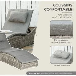 Outsunny Bain De Soleil Transat Pliable Grand Confort Matelas Inclus Inclinaison Réglable Multi-positions Résine Tressée PE Polyester Gris Chiné - Gris -Outsunny Soldes Magasin 53817013 5