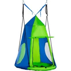Outsunny Balançoire Nid D'oiseau Ronde Balançoire Panier Ø 1 X 1,8H M - Tente Amovible Incluse - 4 Anneaux Inclus Métal époxy Oxford Haute Densité Bleu Vert