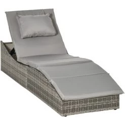 Outsunny Bain De Soleil Transat Pliable Grand Confort Matelas Inclus Inclinaison Réglable Multi-positions Résine Tressée PE Polyester Gris - Gris