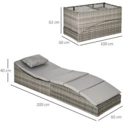 Outsunny Bain De Soleil Transat Pliable Grand Confort Matelas Inclus Inclinaison Réglable Multi-positions Résine Tressée PE Polyester Gris - Gris -Outsunny Soldes Magasin 53829933 3