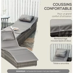 Outsunny Bain De Soleil Transat Pliable Grand Confort Matelas Inclus Inclinaison Réglable Multi-positions Résine Tressée PE Polyester Gris - Gris -Outsunny Soldes Magasin 53829933 5