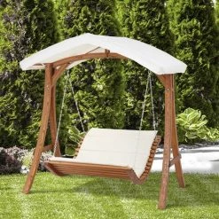 Outsunny Balancelle De Jardin 2 Places Design Colonial Matelas Pare-soleil Inclus Bois De Pin Lasuré Polyester PU Crème -Outsunny Soldes Magasin 54127863 4