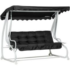 Outsunny Balancelle De Jardin Convertible 2 Places Grand Confort Toit Inclinaison Réglable Coussins Inclus Plateaux Porte-gobelets Acier Polyester Noir