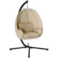 Outsunny Fauteuil Suspendu De Jardin - Fauteuil Oeuf Suspendu Pliable - Coussin Et Support Inclus - Métal époxy Noir Textilène Beige - Beige