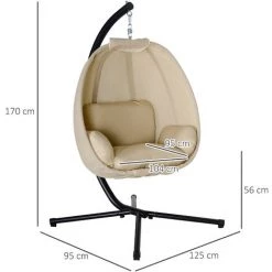Outsunny Fauteuil Suspendu De Jardin - Fauteuil Oeuf Suspendu Pliable - Coussin Et Support Inclus - Métal époxy Noir Textilène Beige - Beige -Outsunny Soldes Magasin 54127883 3