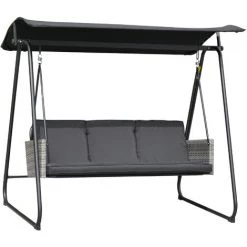 Outsunny Balancelle De Jardin 3 Places Auvent Inclinaison Réglable Coussins Assise Et Dossier Résine Tressée Grise Acier époxy Polyester Noir - Gris