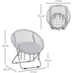 Outsunny Loveuse Fauteuil Rond De Jardin Fauteuil Lune Papasan Pliable Grand Confort Macramé Coton Polyester Gris - Gris -Outsunny Soldes Magasin 54127918 3