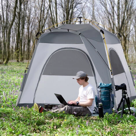 Outsunny Tente De Camping Familiale 4 Personnes Montage Instantanée Pop-up 4 Fenêtres Pare-soleil Dim. 2,4L X 2,4l X 1,95H M Fibre Verre Polyester Gris - Gris 4 Outsunny Tente De Camping Familiale 4 Personnes Montage Instantanée Pop-up 4 Fenêtres Pare-soleil Dim. 2,4L X 2,4l X 1,95H M Fibre Verre Polyester Gris - Gris – Image 2