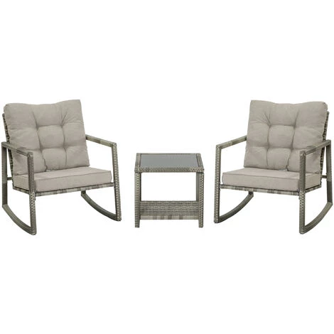 Outsunny Ensemble De Jardin 3 Pièces 2 Fauteuils à Bascule Table Basse Coussins Inclus Métal époxy Résine Tressée PE Polyester Gris - Gris 3 Outsunny Ensemble De Jardin 3 Pièces 2 Fauteuils à Bascule Table Basse Coussins Inclus Métal époxy Résine Tressée PE Polyester Gris - Gris