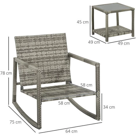 Outsunny Ensemble De Jardin 3 Pièces 2 Fauteuils à Bascule Table Basse Coussins Inclus Métal époxy Résine Tressée PE Polyester Gris - Gris 5 Outsunny Ensemble De Jardin 3 Pièces 2 Fauteuils à Bascule Table Basse Coussins Inclus Métal époxy Résine Tressée PE Polyester Gris - Gris – Image 3