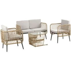 Outsunny Salon De Jardin 4 Places 4 Pièces Style Colonial Table Basse Coussins Beige Inclus Résine Tressée Aspect Rotin - Beige