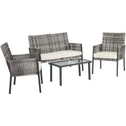 Outsunny Ensemble Salon De Jardin Contemporain 4 Places 4 Pièces Coussins Déperlants Déhoussables Crème Résine Tressée Grise