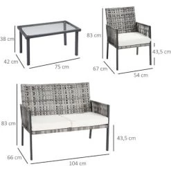 Outsunny Ensemble Salon De Jardin Contemporain 4 Places 4 Pièces Coussins Déperlants Déhoussables Crème Résine Tressée Grise -Outsunny Soldes Magasin 54809830 3