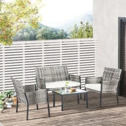 Outsunny Ensemble Salon De Jardin Contemporain 4 Places 4 Pièces Coussins Déperlants Déhoussables Crème Résine Tressée Grise -Outsunny Soldes Magasin 54809830 4