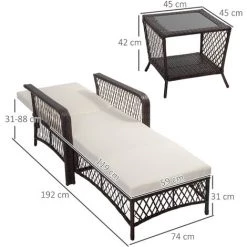 Outsunny Bain De Soleil Transat Design Colonial Avec Table Basse Et Matelas - Dossier Inclinable - Résine Tressée, Polyester - Marron Crème -Outsunny Soldes Magasin 54817257 3