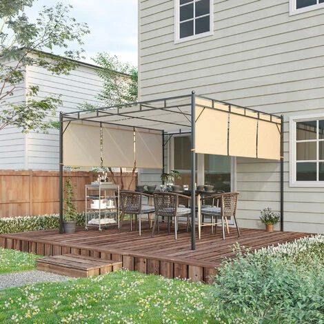 Outsunny Pergola Rétractable Dim. 3L X 3l X 2,2H M Structure Acier époxy Anticorrosion Noir Triple Toile Polyester Haute Densité Beige - Beige 6 Outsunny Pergola Rétractable Dim. 3L X 3l X 2,2H M Structure Acier époxy Anticorrosion Noir Triple Toile Polyester Haute Densité Beige - Beige – Image 4