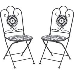 Outsunny Lot De 2 Chaises De Jardin Pliables Style Fer Forgé Mosaïque Céramique Motif Rose Des Vents Métal époxy Noir Blanc