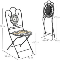 Outsunny Lot De 2 Chaises De Jardin Pliables Style Fer Forgé Mosaïque Céramique Motif Rose Des Vents Métal époxy Noir Blanc -Outsunny Soldes Magasin 55552903 3