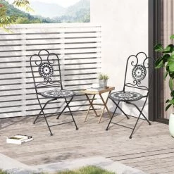 Outsunny Lot De 2 Chaises De Jardin Pliables Style Fer Forgé Mosaïque Céramique Motif Rose Des Vents Métal époxy Noir Blanc -Outsunny Soldes Magasin 55552903 4