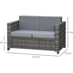 Outsunny Canapé De Jardin 2 Places Canapé Droit 4 Coussins Déhoussables 130L X 70l X 80H Cm Résine Tressée Gris -Outsunny Soldes Magasin 55776906 3