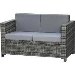 Outsunny Canapé De Jardin 2 Places Canapé Droit 4 Coussins Déhoussables 130L X 70l X 80H Cm Résine Tressée Gris -Outsunny Soldes Magasin 55776906 4