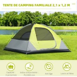 Outsunny Tente De Camping 3 Personnes - Portes Zippées, Poche Rangement, Sac Transport Inclus - Dim. 210L X 210l X 119H Cm - Fibre Verre Polyester Tissu Oxford Gris Vert - Vert -Outsunny Soldes Magasin 55776921 4